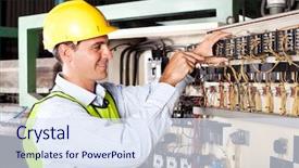  Presentation with industrial machine - Cool new slides with electrical equipment - male electrician repairing industrial machine backdrop and a sky blue colored foreground