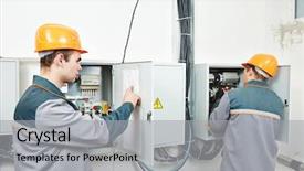  Presentation with fuse - Colorful presentation theme enhanced with electrical energy - two electrician builder engineer works backdrop and a light gray colored foreground