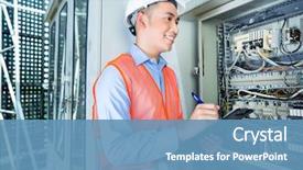  Presentation with power lines - Cool new PPT theme with electrical engineer - asian indonesian technician or electrician backdrop and a teal colored foreground