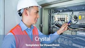  Presentation with power lines - Audience pleasing presentation design consisting of electrical engineer - asian indonesian technician or electrician backdrop and a teal colored foreground