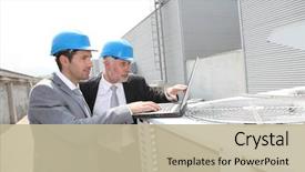  Presentation with industrial textile industry yarn spools - Slide deck with electrical engineer - businessmen on industrial site background and a mint green colored foreground