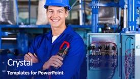  Presentation with industrial engineer - Audience pleasing slides consisting of electrical engineer - cheerful young industrial technician looking backdrop and a navy blue colored foreground