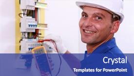  Presentation with fuse - Cool new slide set with electrical engineer - electrician checking a fuse box backdrop and a ocean colored foreground