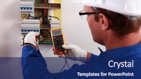  Presentation with energy meter - PPT theme enhanced with electrical engineer - electrician checking the energy meter background and a navy blue colored foreground