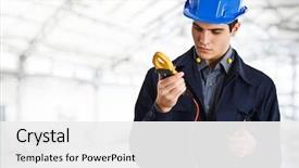  Presentation with electrician - Amazing PPT theme having electrical engineer - electrician looking at a tester backdrop and a white colored foreground