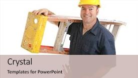  Presentation with safety construction worker in construction - Beautiful presentation featuring electrical engineer - friendly construction worker carrying ladder backdrop and a soft green colored foreground