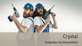  Presentation with electrical engineer - PPT theme featuring electrical engineer - funny portrait of two cheerful background and a light gray colored foreground