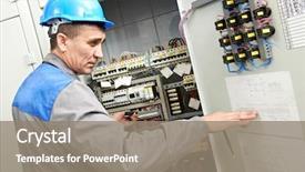  Presentation with high voltage - Audience pleasing PPT theme consisting of electrical engineer - one electrician builder at work backdrop and a gray colored foreground