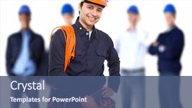  Presentation with electrical engineer - PPT layouts enhanced with electrical engineer - portrait of a smiling worker background and a ocean colored foreground