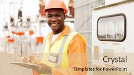  Presentation with substation - PPT theme featuring electrical engineer - senior technician holding clipboard background and a lemonade colored foreground