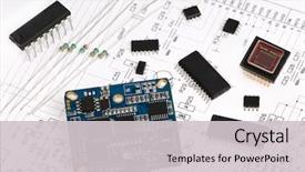  Presentation with electrical components - Slide deck consisting of electrical engineer - several integrated micro electronics components background and a light gray colored foreground