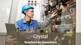  Presentation with high voltage - Audience pleasing PPT theme consisting of electrical engineer - smiling electrician at work checking backdrop and a tawny brown colored foreground