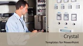  Presentation with electrical engineer - PPT theme having electrical engineer - technician writing down modern computerized background and a light gray colored foreground