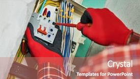  Presentation with electrician - Slide deck featuring electrical engineer circuit breaker - electrician works with switchbox background and a  colored foreground
