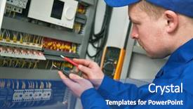  Presentation with electrician - Beautiful PPT theme featuring electrical engineer circuit breaker - electrician works with tester backdrop and a ocean colored foreground