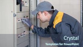  Presentation with circuit breaker - Colorful PPT theme enhanced with electrical engineer circuit breaker - portrait of an electrician backdrop and a ocean colored foreground