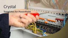  Presentation with circuit breaker - Theme consisting of electrical engineer circuit breaker - young electrician repairing distribution board background and a  colored foreground