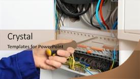  Presentation with distribution - Beautiful PPT theme featuring electrical engineer circuit breaker - young electrician repairing distribution board backdrop and a  colored foreground