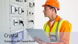  Presentation with electrical transformers - Beautiful PPT layouts featuring electrical engineer with laptop computer backdrop and a light blue colored foreground