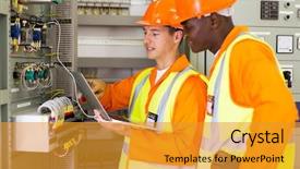  Presentation with distribution - Slide deck featuring electrical engineering transformer - engineers checking distribution box background and a gold colored foreground