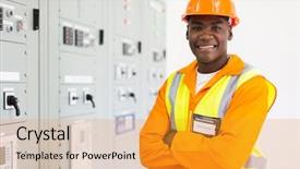  Presentation with electrical engineering - Beautiful theme featuring electrical engineering transformer - handsome senior african american technician backdrop and a gold colored foreground