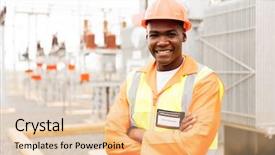  Presentation with electrical engineering - Slide deck with electrical engineering transformer - handsome senior african technician background and a lemonade colored foreground