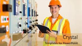  Presentation with industrial engineer - Colorful PPT theme enhanced with electrical engineering transformer - happy young industrial engineer taking backdrop and a yellow colored foreground