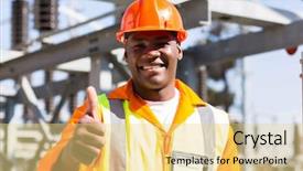  Presentation with electrician - Presentation design enhanced with electrical engineering transformer - portrait of african electrician background and a yellow colored foreground
