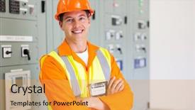  Presentation with electric engineering - Beautiful PPT theme featuring electrical engineering transformer - portrait of smiling electric worker backdrop and a yellow colored foreground