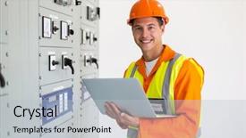  Presentation with electrical engineering - Slides having electrical engineering transformer - portrait of young engineer background and a light gray colored foreground