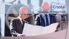  Presentation with power plant - PPT layouts enhanced with electrical engineering transformer - power plant managers holding blueprint background and a sky blue colored foreground