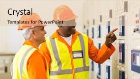  Presentation with employees working together - Amazing PPT theme having electrical engineering transformer - professional working together in control backdrop and a lemonade colored foreground