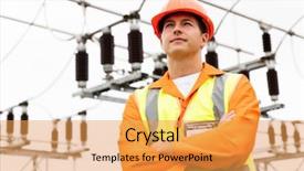  Presentation with electrical engineering - Presentation design consisting of electrical engineering transformer - thoughtful young engineer looking away background and a yellow colored foreground