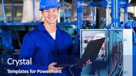  Presentation with electrical engineer - Presentation theme featuring electrical industry - portrait of happy industrial engineer background and a navy blue colored foreground