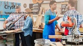  Presentation with working together - Presentation theme enhanced with electrical internship - craftsman as luthier master working background and a coral colored foreground