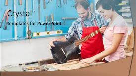  Presentation with electric guitar - Slides with electrical internship - luthier and apprentice working background and a light blue colored foreground