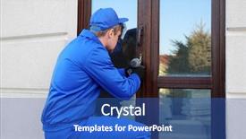  Presentation with glass construction - Audience pleasing theme consisting of electrical lock - construction worker repairing glass door backdrop and a ocean colored foreground