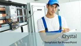  Presentation with electrician - Cool new presentation theme with electrical maintenance team - electrician engineer worker with blueprint backdrop and a light blue colored foreground