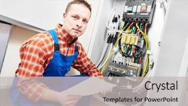 Presentation with electrician - Amazing PPT theme having electrical maintenance team - electrician engineer worker backdrop and a light gray colored foreground