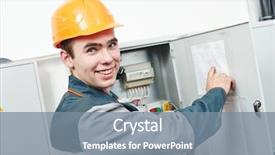  Presentation with fuse - Slide set consisting of electrical maintenance team - happy young adult electrician builder background and a  colored foreground