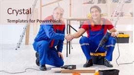  Presentation with flooring - Beautiful PPT theme featuring electrical maintenance team - two professional contractors laying flooring backdrop and a  colored foreground
