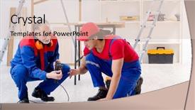  Presentation with professional development of teachers - Slide set with electrical maintenance team - two professional contractors laying flooring background and a  colored foreground