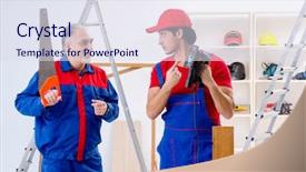  Presentation with flooring - Slide set enhanced with electrical maintenance team - two professional contractors laying flooring background and a  colored foreground