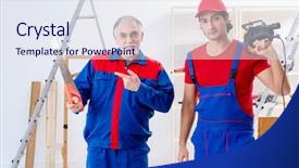  Presentation with flooring - Presentation theme having electrical maintenance team - two professional contractors laying flooring background and a  colored foreground