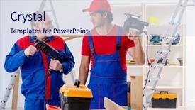  Presentation with professional audio sound - Amazing slides having electrical maintenance team - two professional contractors laying flooring backdrop and a  colored foreground