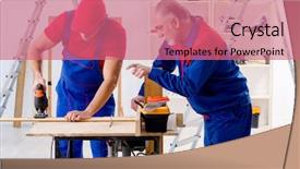  Presentation with flooring - Beautiful PPT theme featuring electrical maintenance team - two professional contractors laying flooring backdrop and a  colored foreground