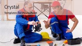  Presentation with flooring - Cool new presentation design with electrical maintenance team - two professional contractors laying flooring backdrop and a  colored foreground