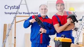  Presentation with flooring - Beautiful presentation theme featuring electrical maintenance team - two professional contractors laying flooring backdrop and a sky blue colored foreground