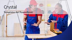  Presentation with electrical maintenance team - Audience pleasing presentation consisting of electrical maintenance team - two professional contractors laying flooring backdrop and a  colored foreground