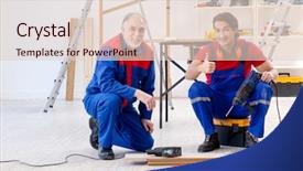  Presentation with flooring - Theme with electrical maintenance team - two professional contractors laying flooring background and a lemonade colored foreground